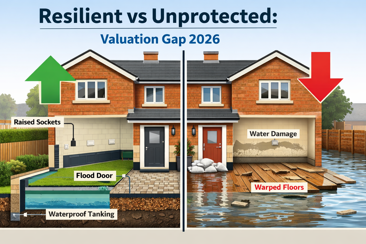 () split-scene image contrasting two identical semi-detached English brick homes side by side: left property shows flood