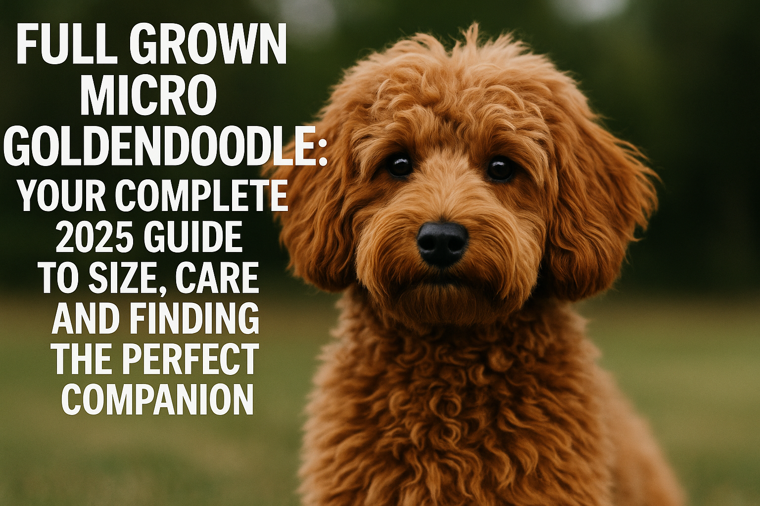 Professional landscape hero image (1536x1024) with bold text overlay: "Full Grown Micro Goldendoodle: Your Complete 2025 Guide to Size, Care