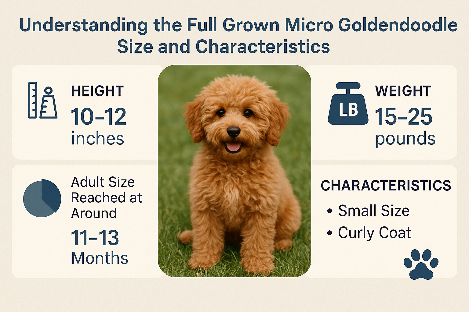 Professional landscape infographic (1536x1024) for article "Full Grown Micro Goldendoodle: Your Complete 2025 Guide to Size, Care, and Findi