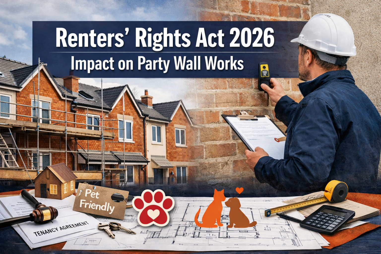 Professional () hero image featuring 'Renters' Rights Act 2026 Impact on Party Wall Works' in extra large white with dark