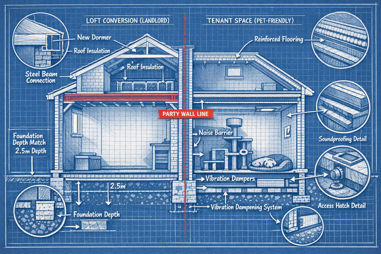 () architectural cross-section illustration showing side-by-side comparison of two adjoining properties during extension