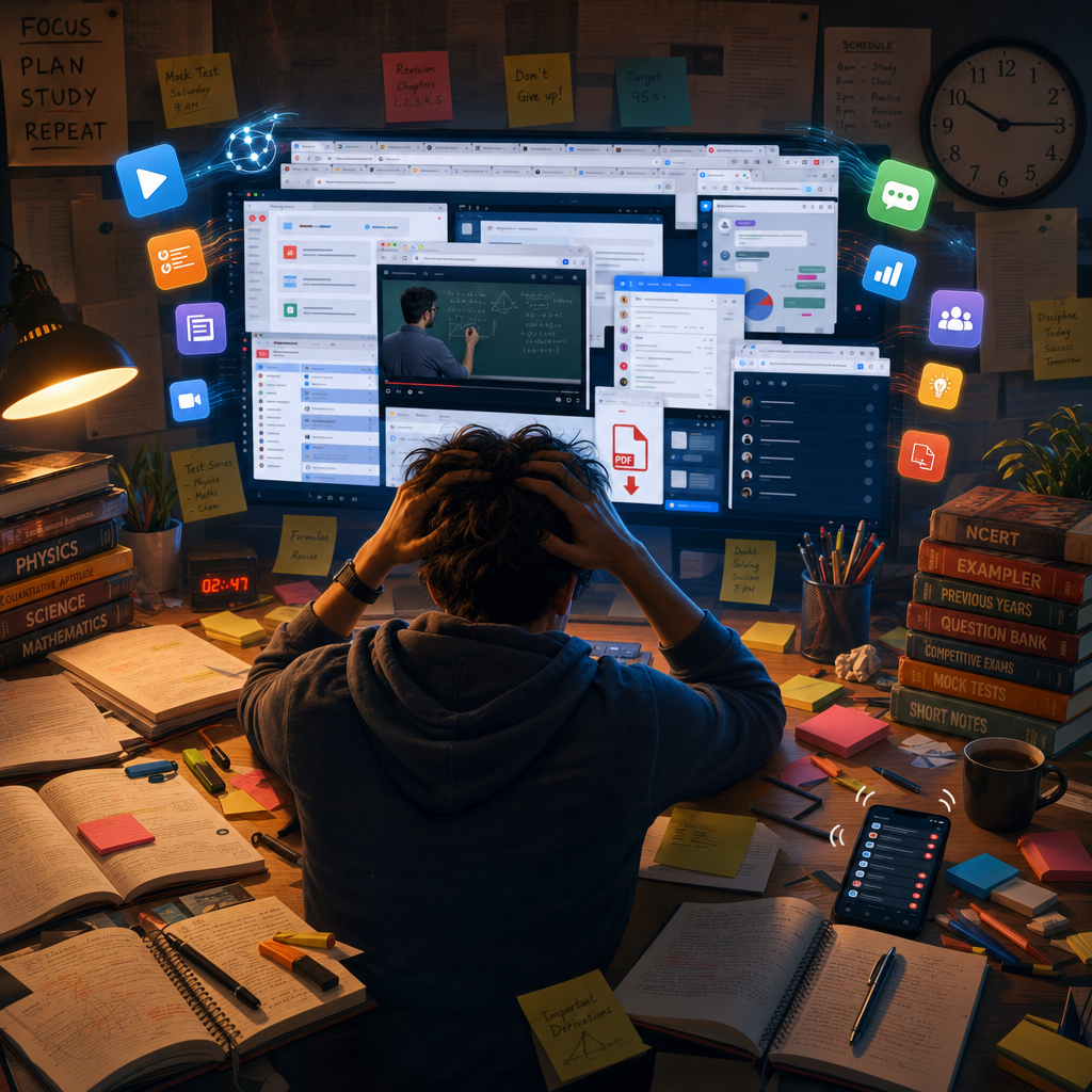 () image showing a cluttered digital workspace with multiple browser tabs open displaying different CLAT prep websites,