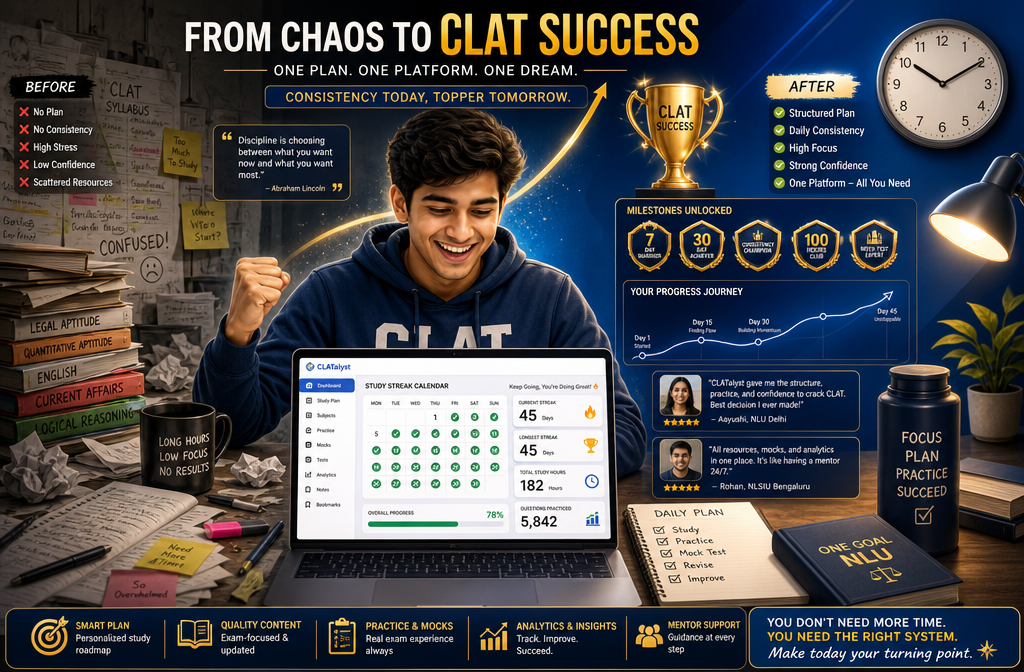 () motivational image showing successful CLAT student celebrating with laptop displaying consistent study streak calendar