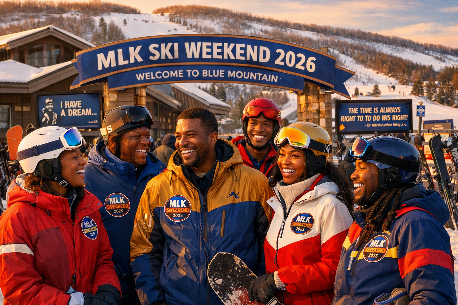 Detailed landscape illustration (1536x1024) showing diverse group of African American skiers and snowboarders gathered at Blue Mountain Reso