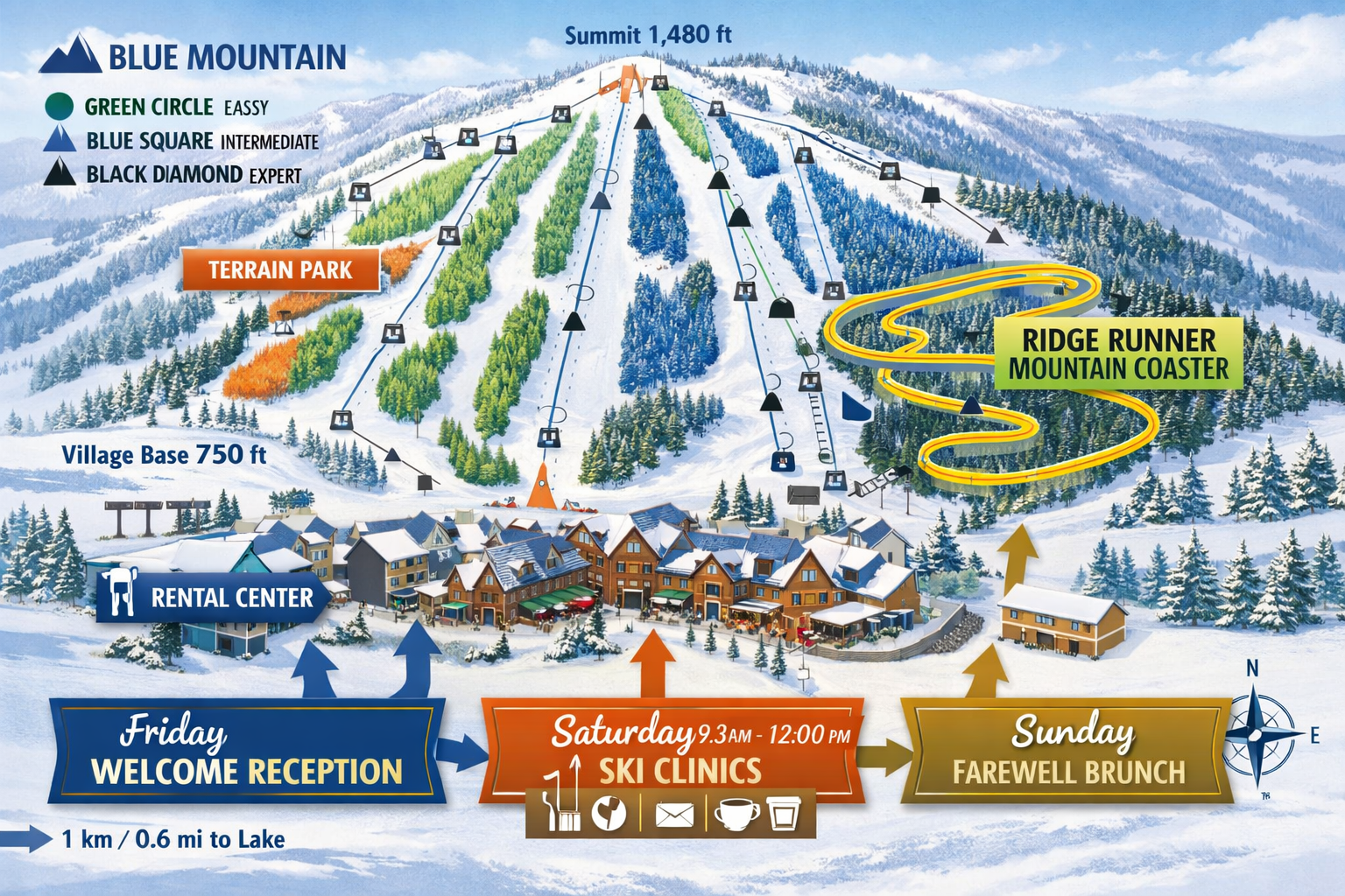 Detailed landscape infographic-style image (1536x1024) showcasing Blue Mountain Resort winter activities map with labeled sections: ski runs