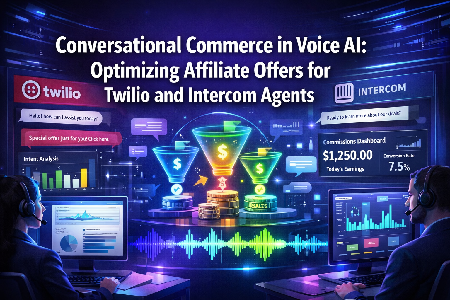 Professional landscape format (1536x1024) editorial hero image featuring bold text overlay 'Conversational Commerce in Voice AI: Optimizing 