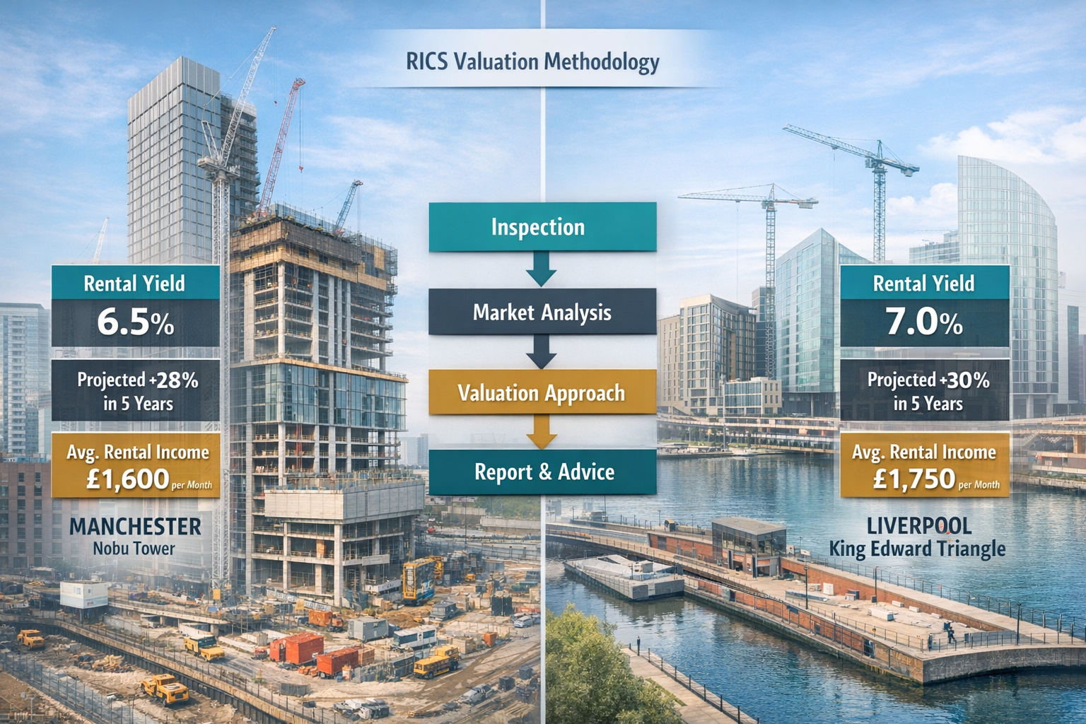 Detailed () image showing split-screen comparison of Manchester's Nobu Tower construction site on left and Liverpool's King