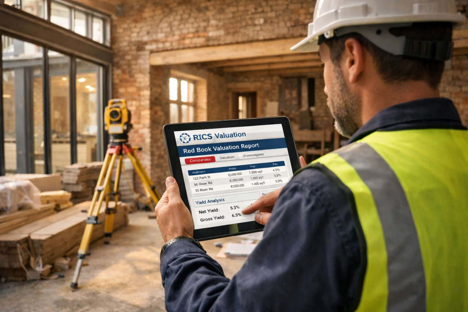 Detailed () image depicting professional surveyor in high-visibility vest and hard hat conducting on-site property