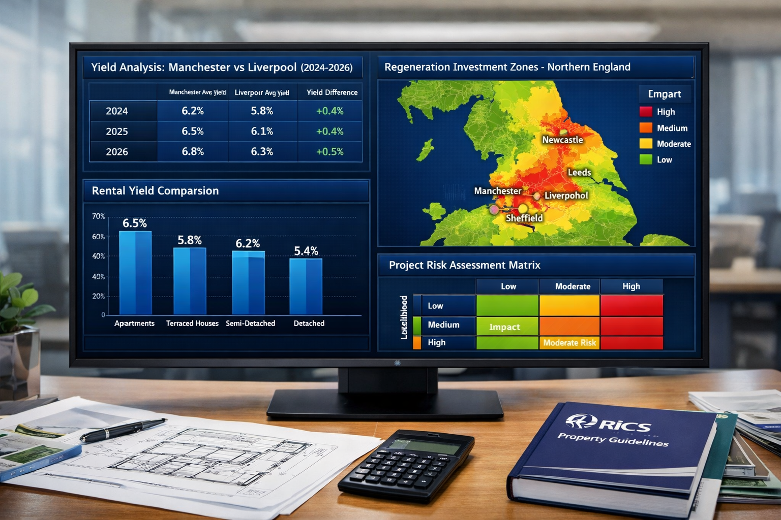 Detailed () image showing detailed financial dashboard display on large monitor with multiple data panels: comparative yield