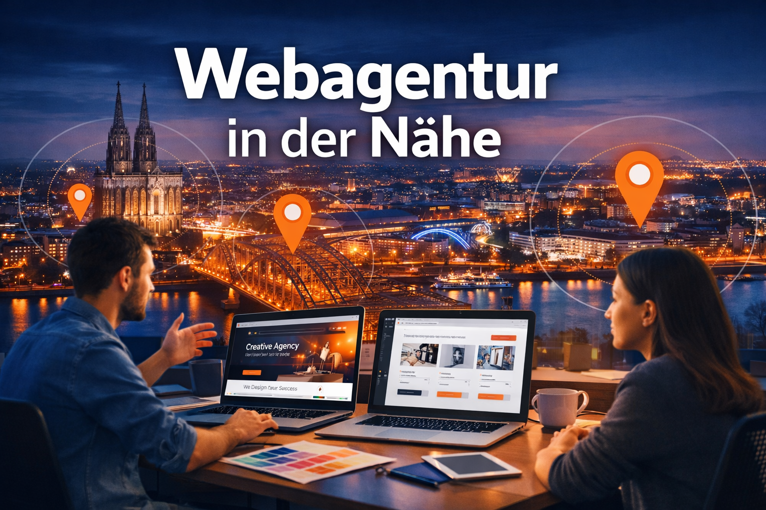 Professional landscape format (1536x1024) hero image with bold text overlay 'Webagentur in der N&auml;he' in extra large 72pt white sans-serif fo