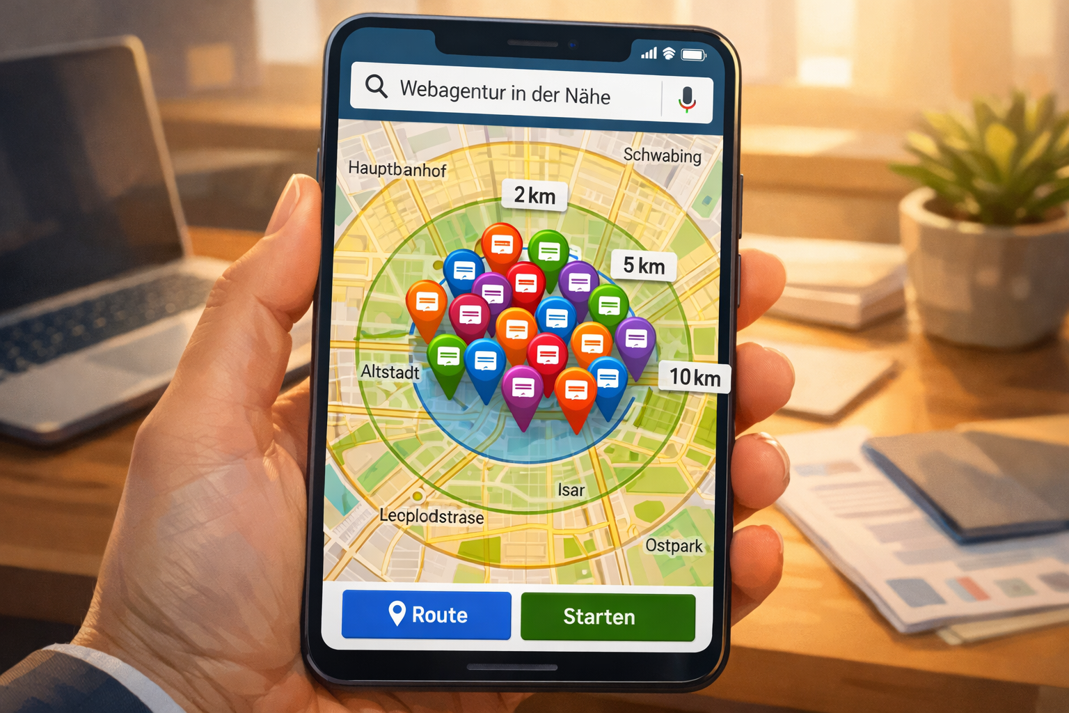 Landscape format (1536x1024) illustration showing smartphone screen with Google Maps interface displaying multiple web agency location pins 
