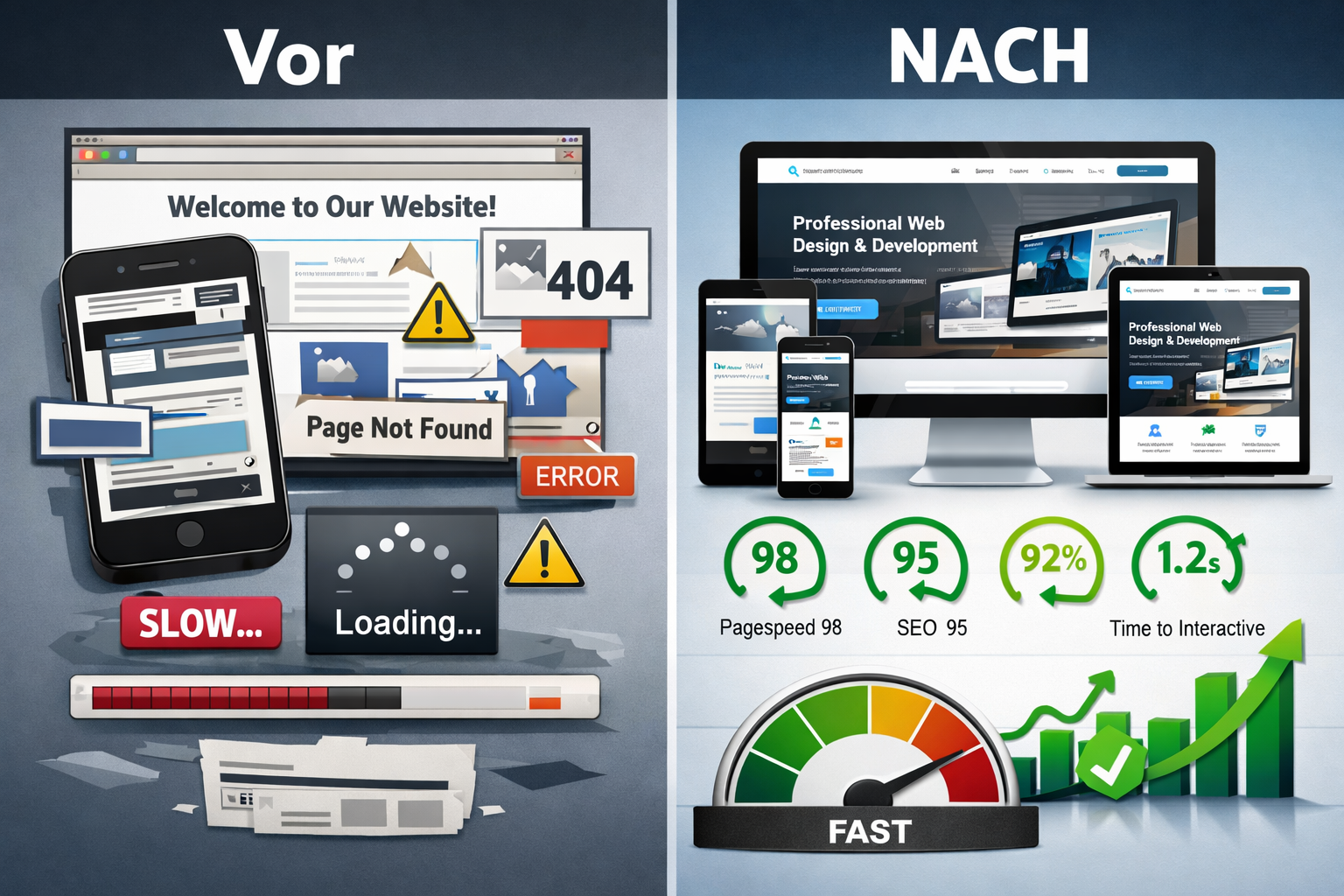 Landscape format (1536x1024) split-screen comparison showing 'Vor' (before) and 'Nach' (after) website transformation, left side shows outda