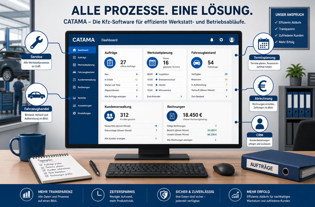 () infographic-style image showing a central CATAMA software dashboard mockup on a large monitor in a Kfz-Werkstatt Büro
