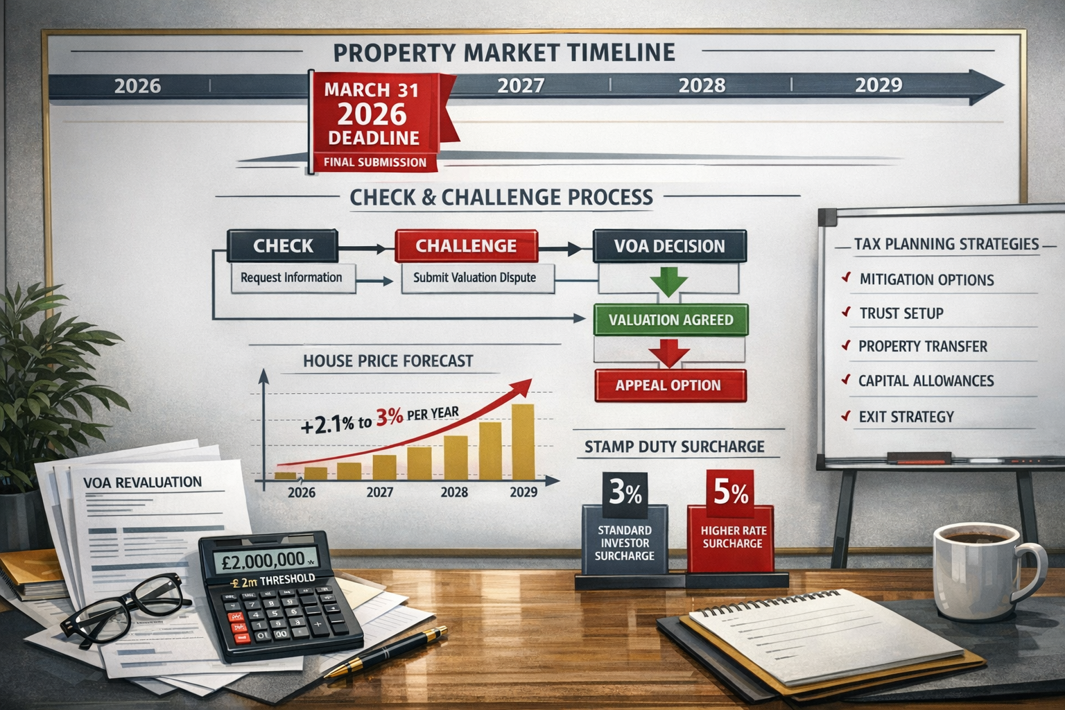 Detailed landscape format (1536x1024) strategic planning visualization showing property market timeline from 2026-2029, central focus on Mar
