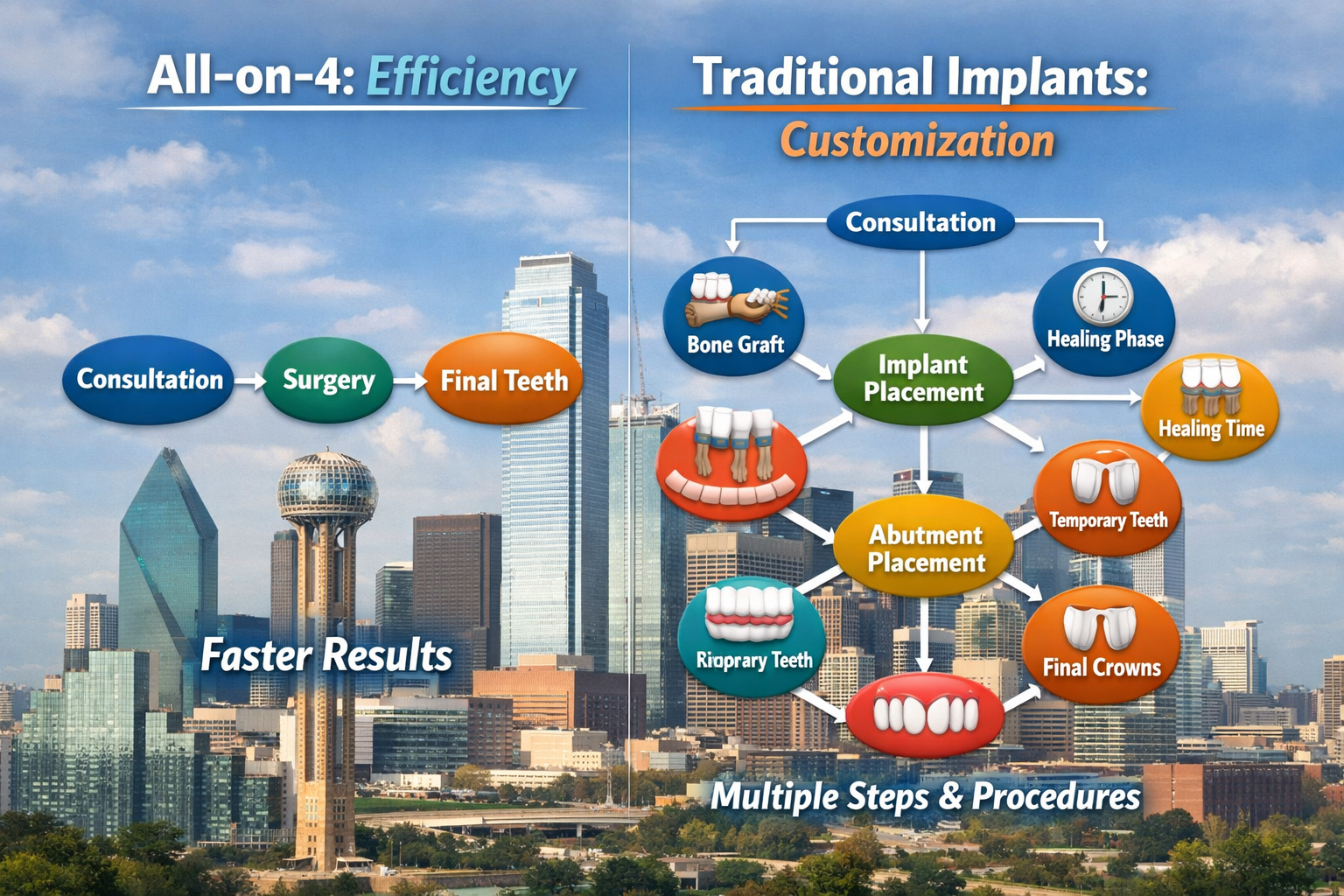 () image comparing two visual pathways: one showing a streamlined process (All-on-4) with fewer steps and a faster timeline,