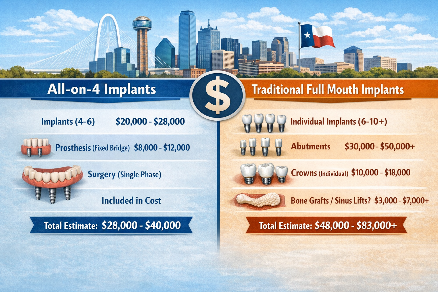 () infographic contrasting the cost components of All-on-4 and Traditional Full Mouth Implants in Dallas. On one side, a