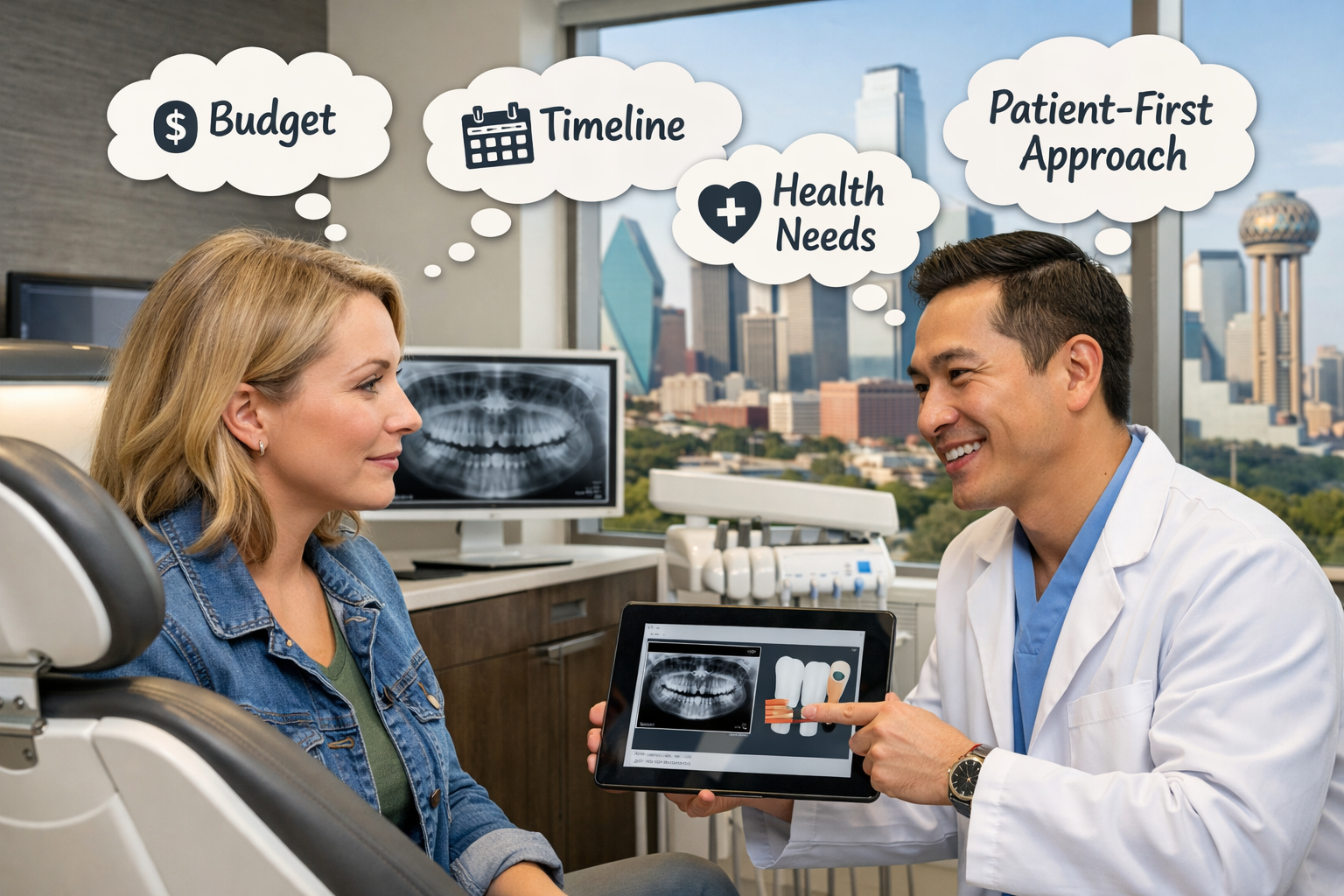 () image illustrating a patient consultation scenario in a modern Dallas dental office, with a patient and a dentist