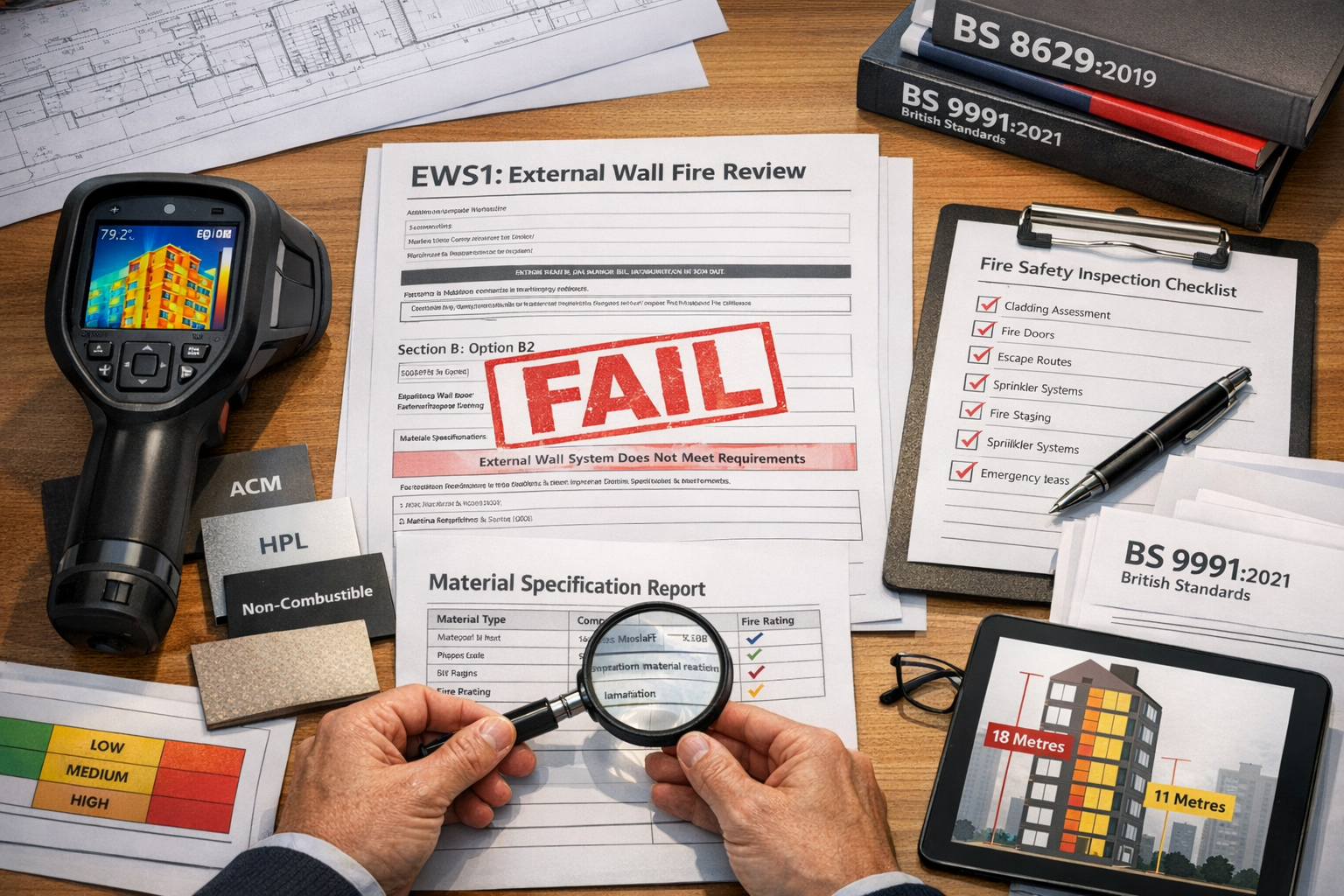 Detailed landscape format (1536x1024) image showing comprehensive fire safety audit documentation spread across modern desk surface. Central
