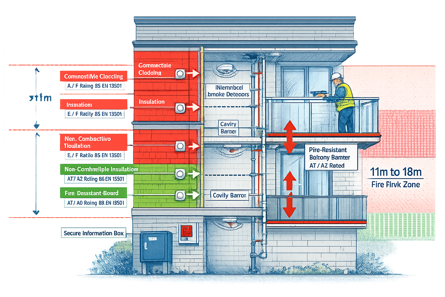 Detailed landscape format (1536x1024) technical illustration showing cutaway view of modern residential building facade between 11-18 metres