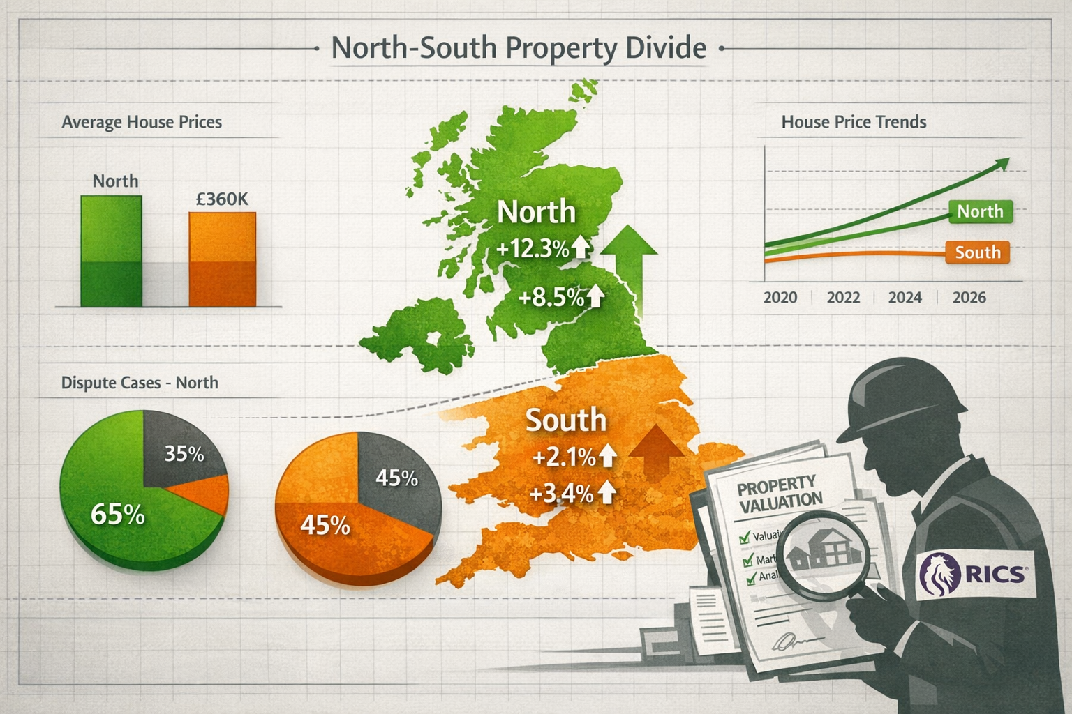 Detailed landscape format (1536x1024) infographic illustration showing UK map with clear North-South divide marked by contrasting color zone