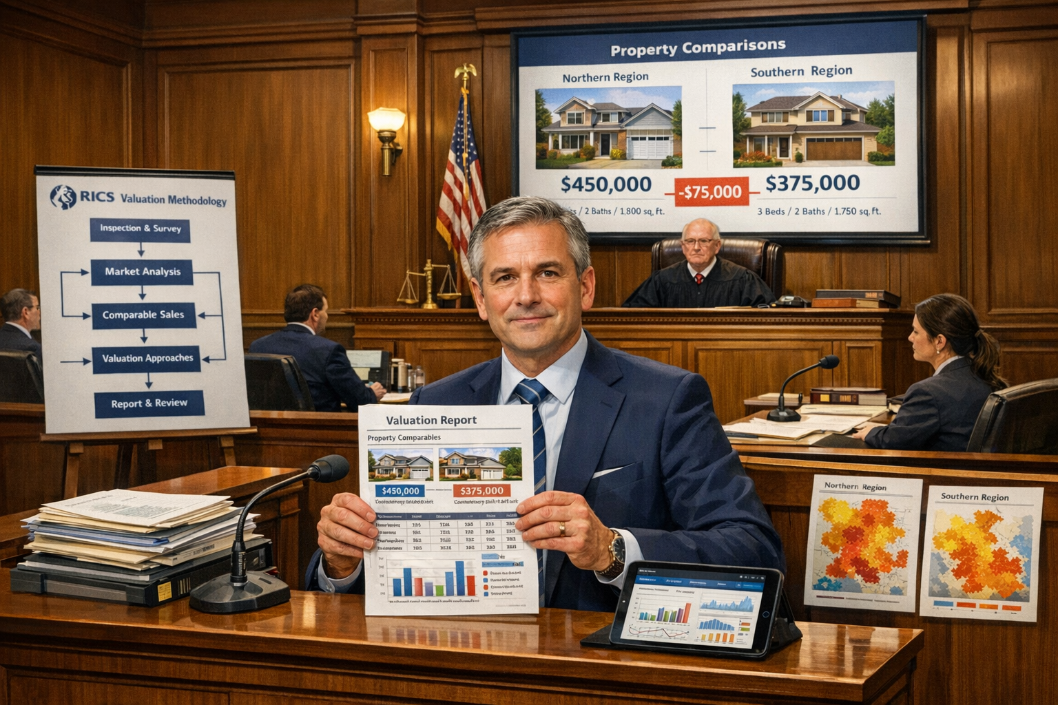 Detailed landscape format (1536x1024) courtroom scene illustration showing expert witness stand in foreground with professional chartered su