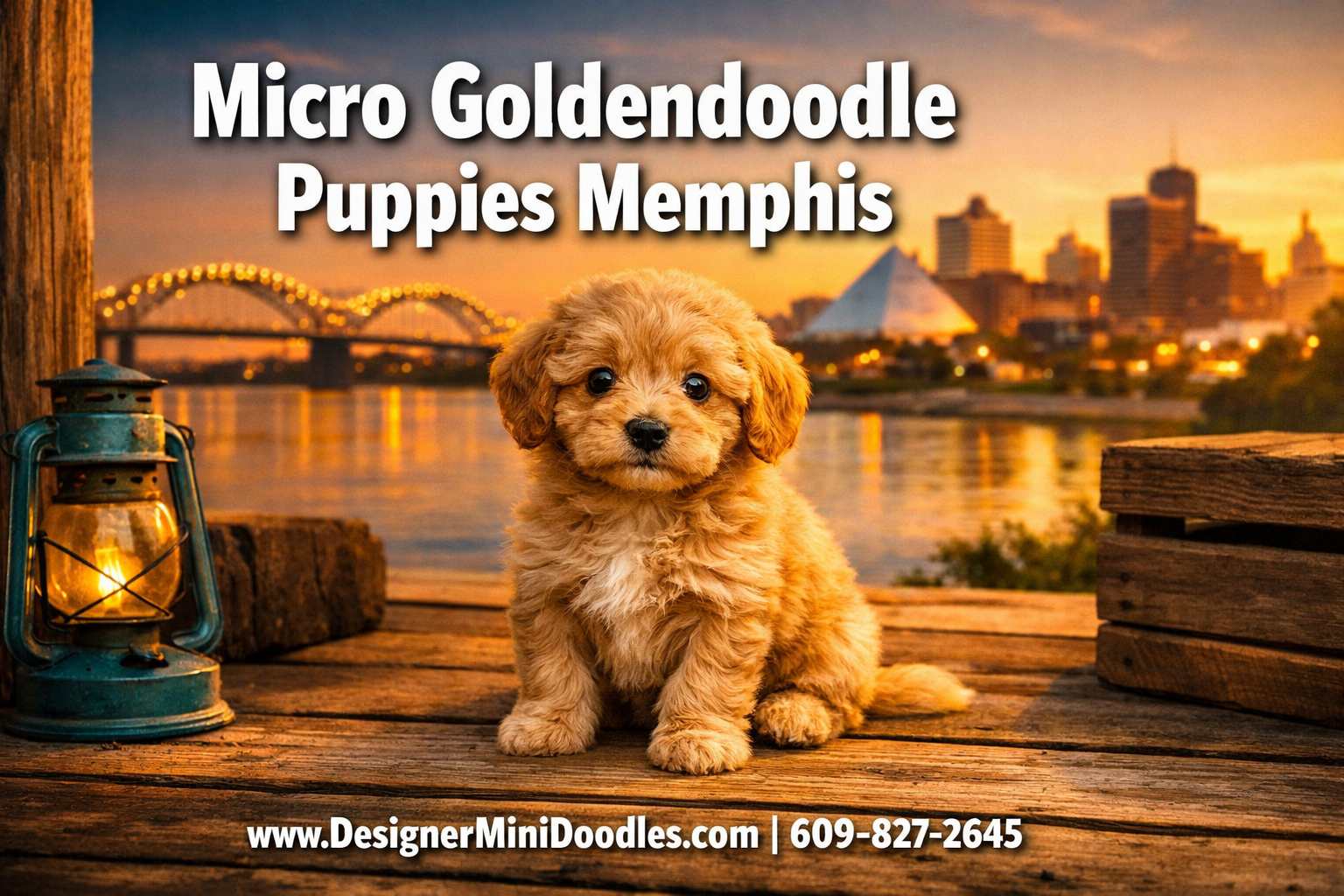 Professional () hero image with : 'Micro Goldendoodle Puppies Memphis' in extra large white with deep effect, centered