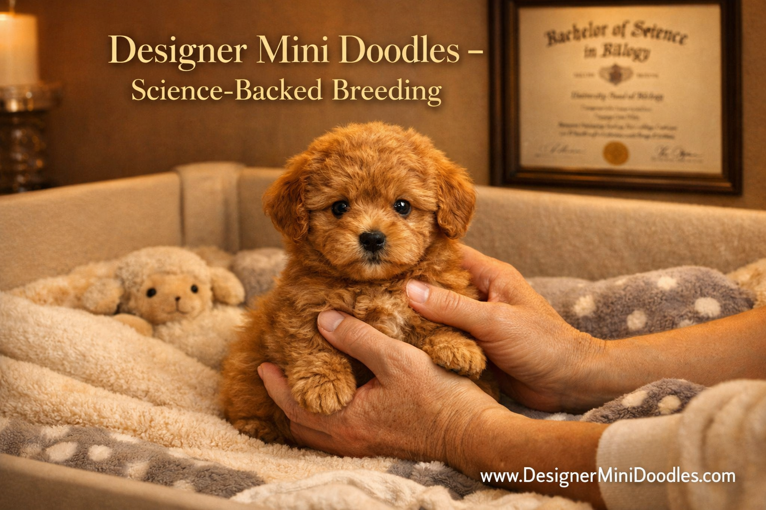 () editorial image showing a tiny fluffy micro goldendoodle puppy (under 12 lbs) sitting inside a cozy whelping box