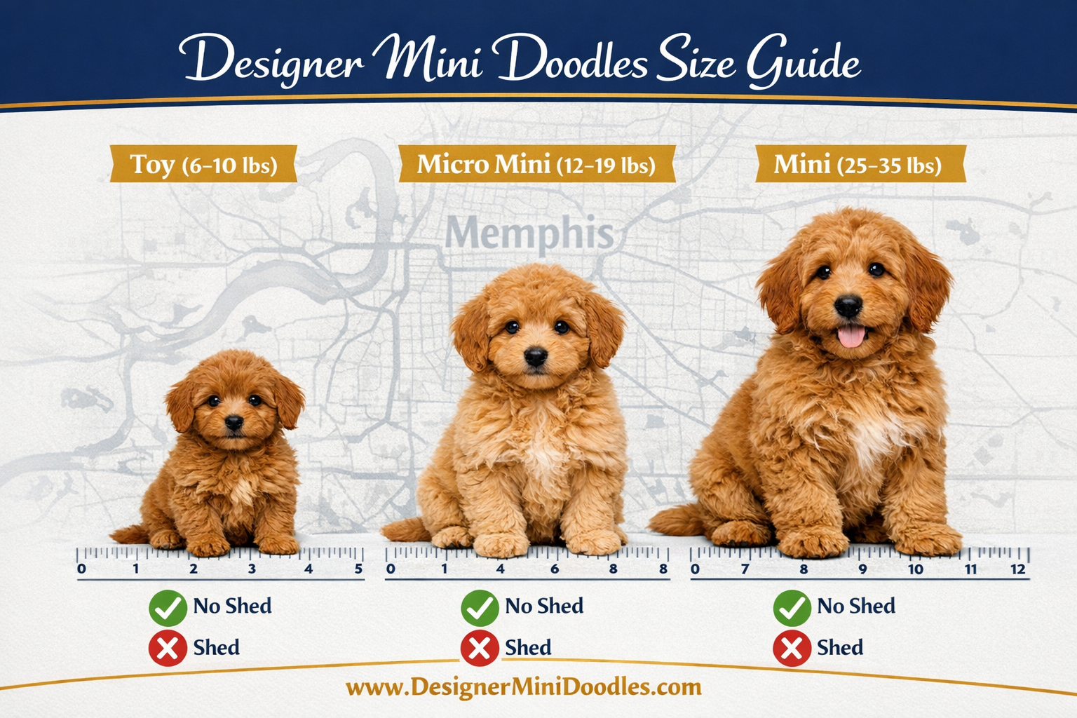 () infographic-style image showing three micro goldendoodle puppies side by side representing Toy (6-10 lbs), Micro Mini
