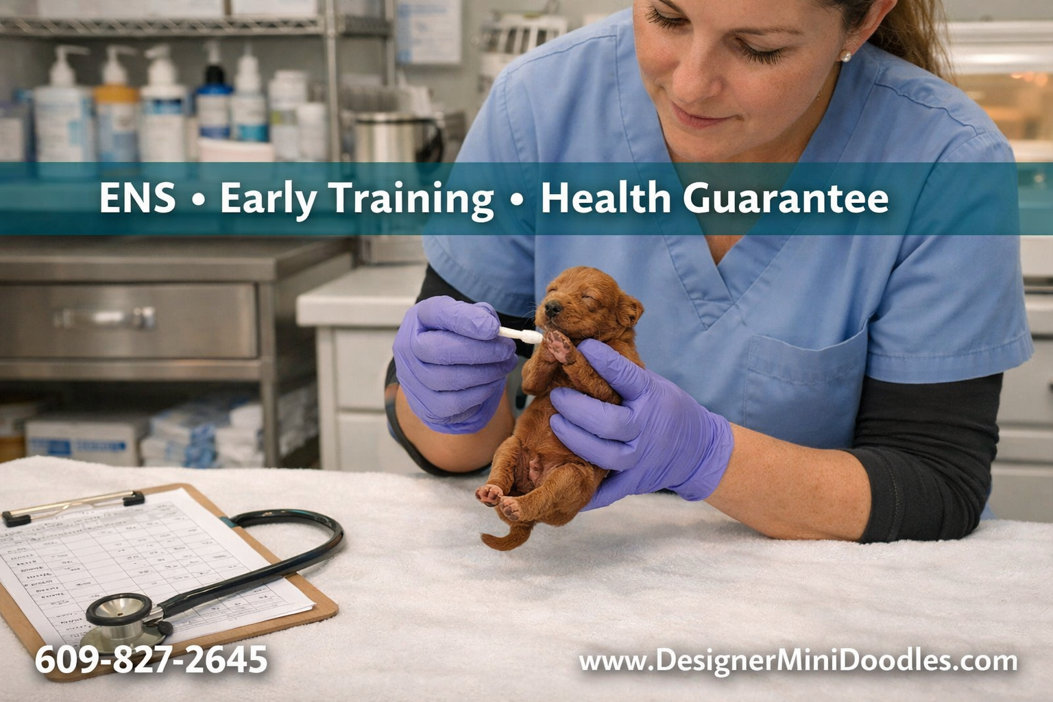 () editorial image showing a professional breeder performing Early Neurological Stimulation (ENS) on a tiny newborn micro