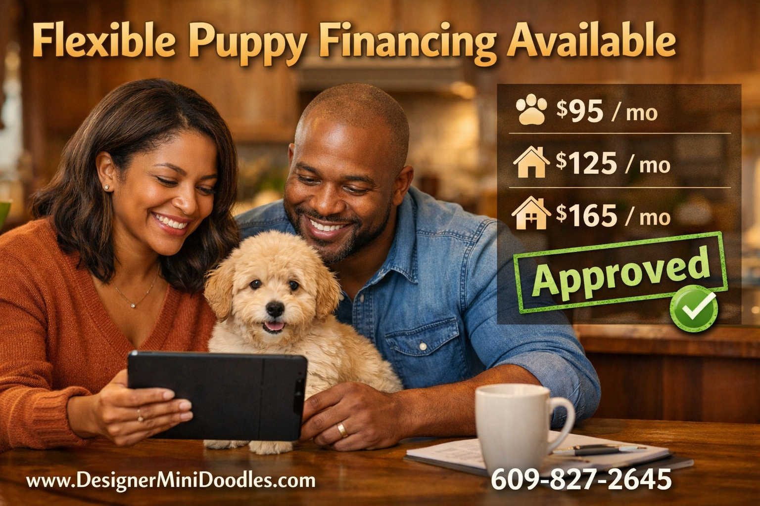 () editorial image showing a smiling Memphis couple reviewing puppy financing paperwork on a tablet at a kitchen table, a