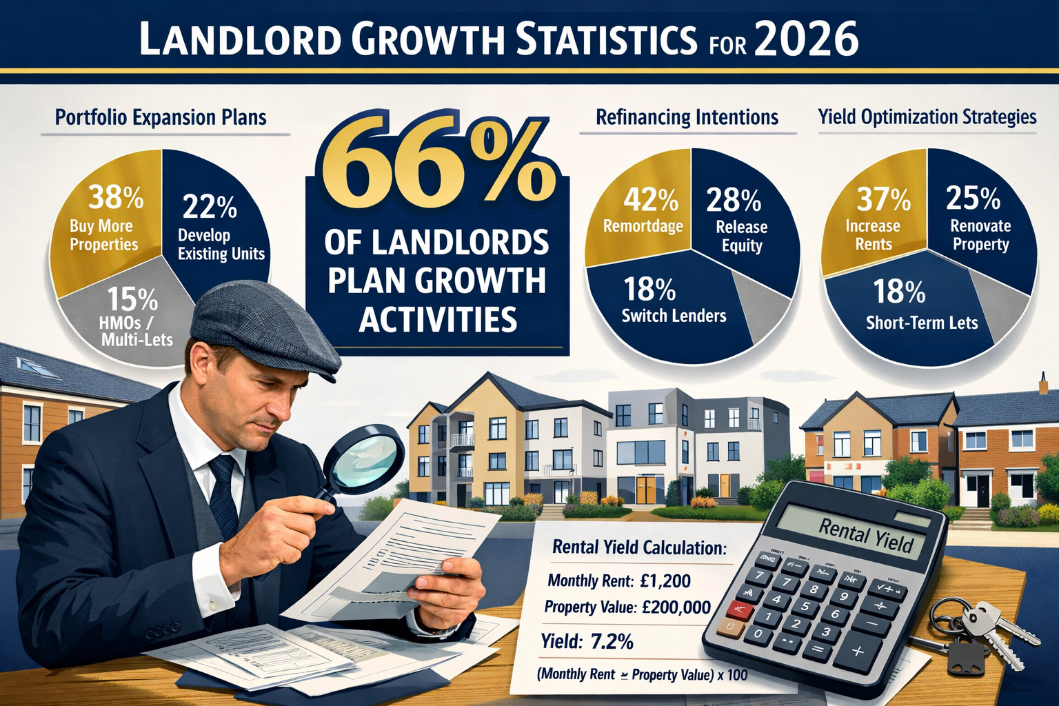 Landscape format (1536x1024) detailed infographic showing landlord growth statistics for 2026, featuring prominent '66% of landlords plan gr