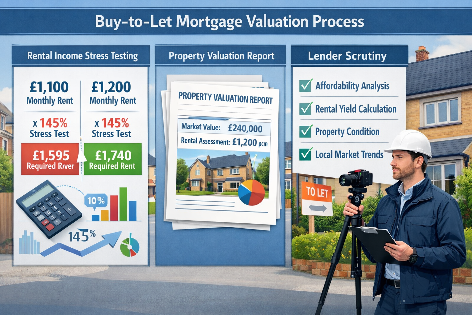 Landscape format (1536x1024) detailed comparison visualization showing buy-to-let mortgage valuation process, split-screen composition with 