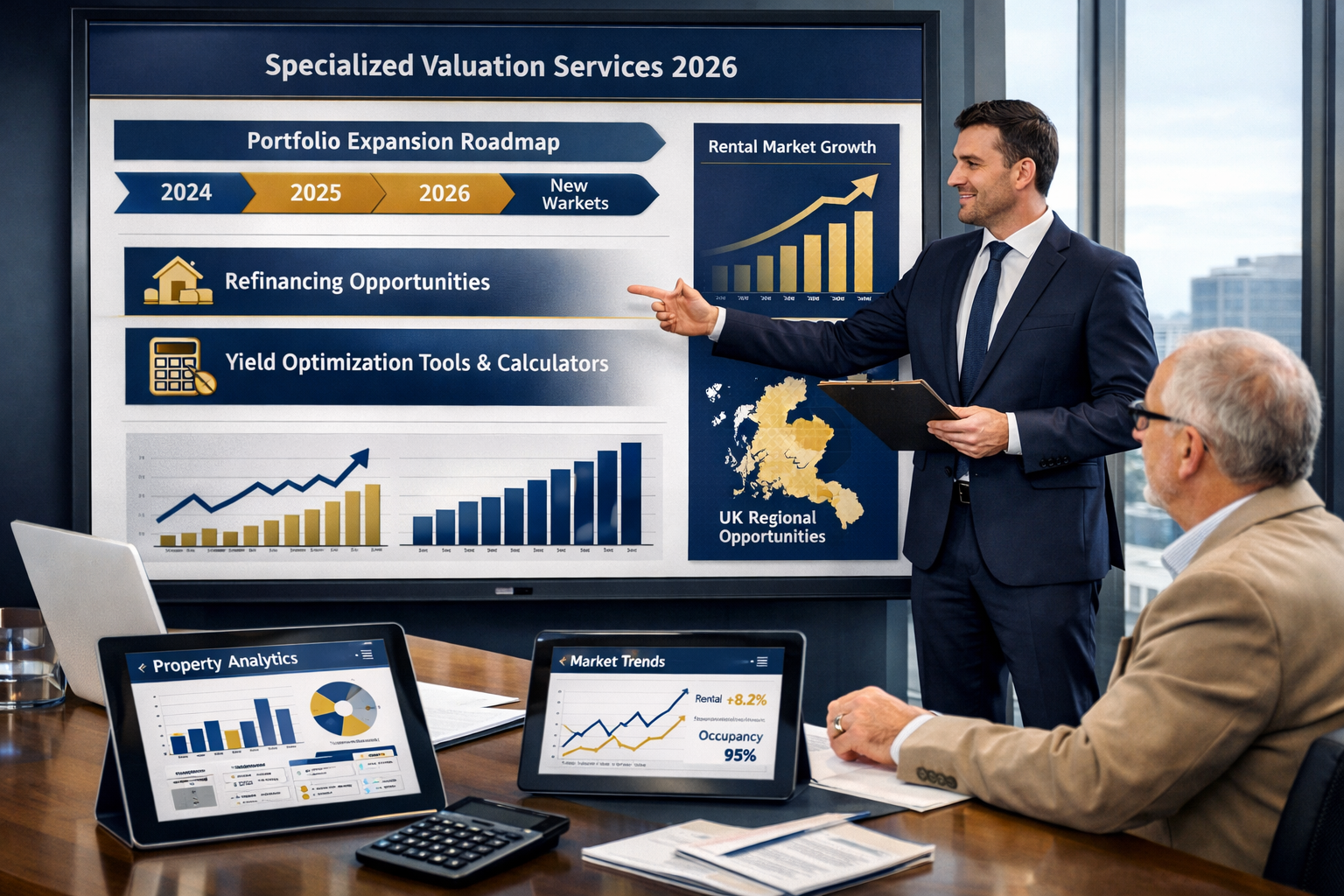Landscape format (1536x1024) strategic planning visualization for property surveyors showing specialized valuation services for 2026, featur