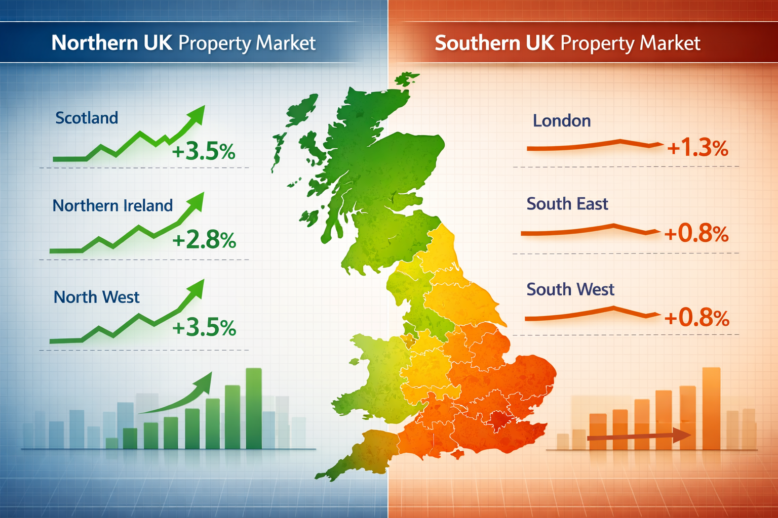 () detailed infographic illustration showing split-screen comparison of northern versus southern UK property markets. Left