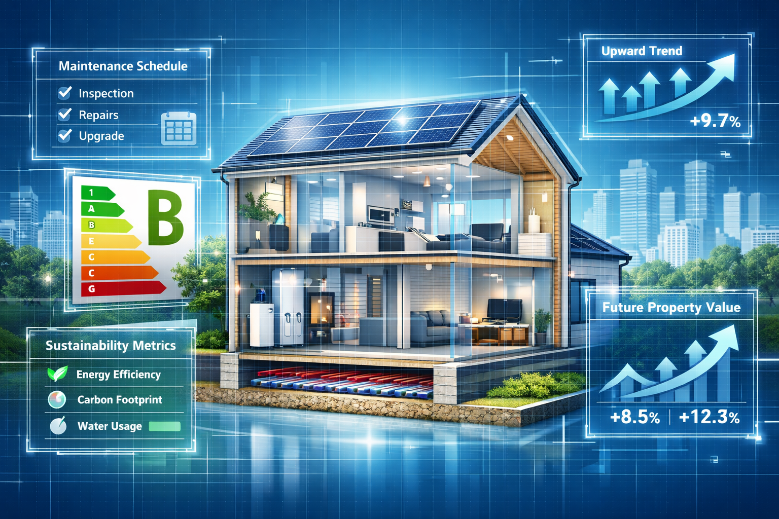 () modern conceptual illustration depicting property market recovery and future resilience assessment. Center shows detailed