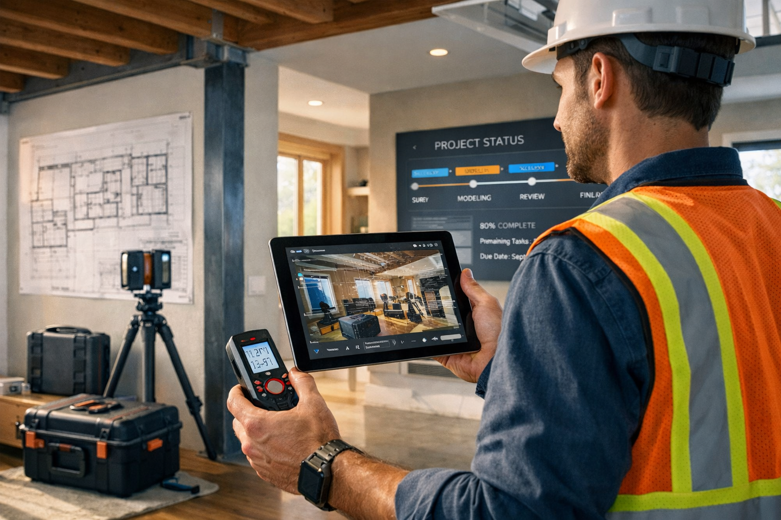 Detailed () image showing modern building surveyor using advanced digital technology in residential property. Scene features