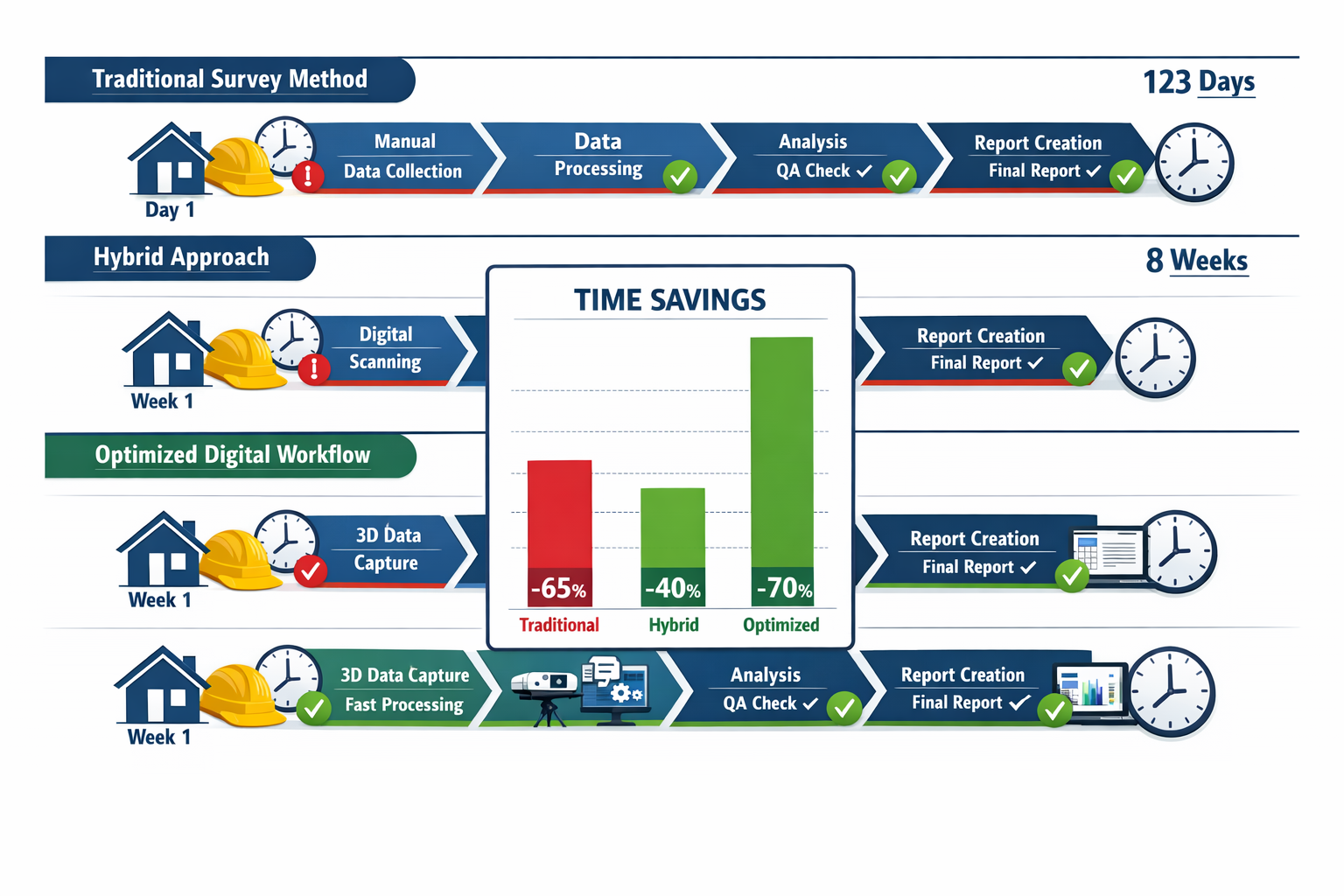 Comprehensive () infographic-style image illustrating workflow optimization for building surveys. Visual displays three