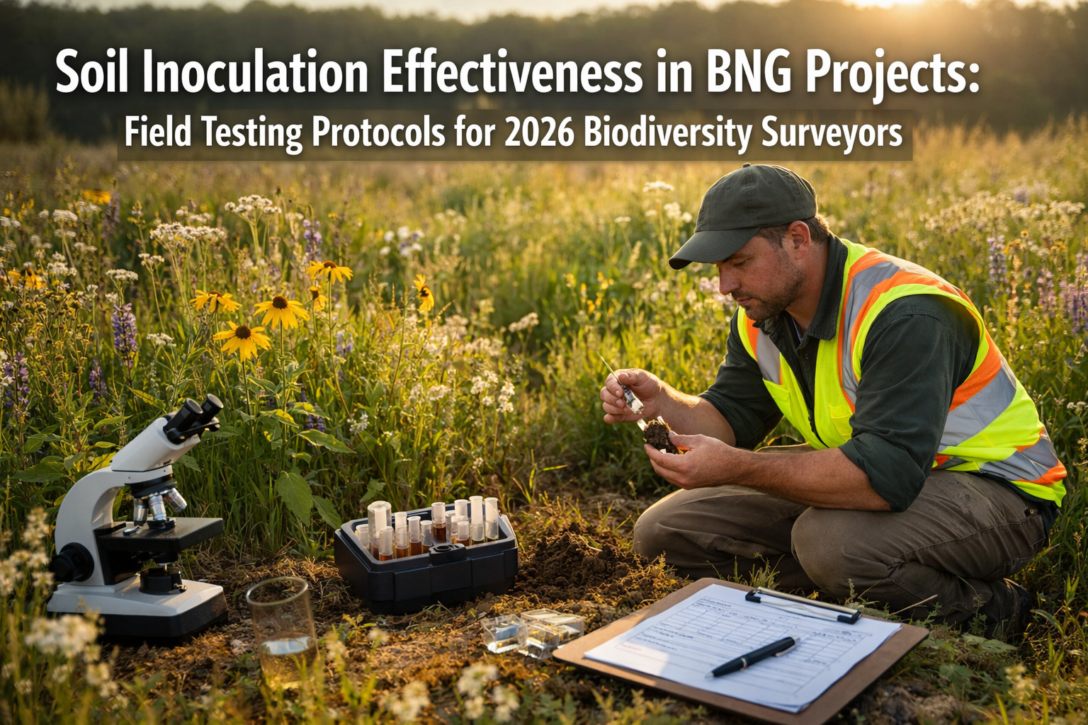 Professional () hero image with 'Soil Inoculation Effectiveness in BNG Projects: Field Testing Protocols for 2026
