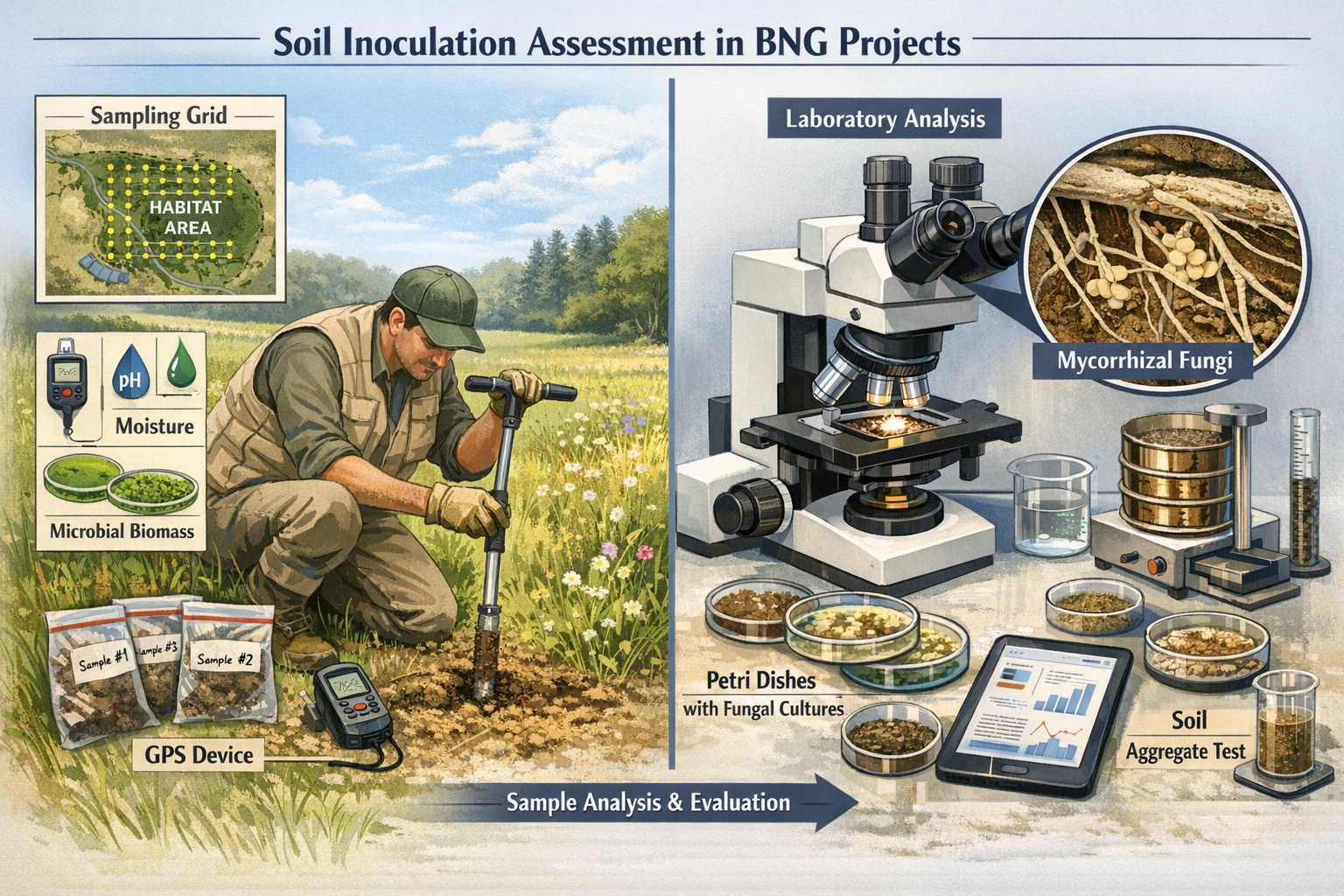 () detailed illustration showing field testing protocol workflow for soil inoculation assessment in BNG projects.