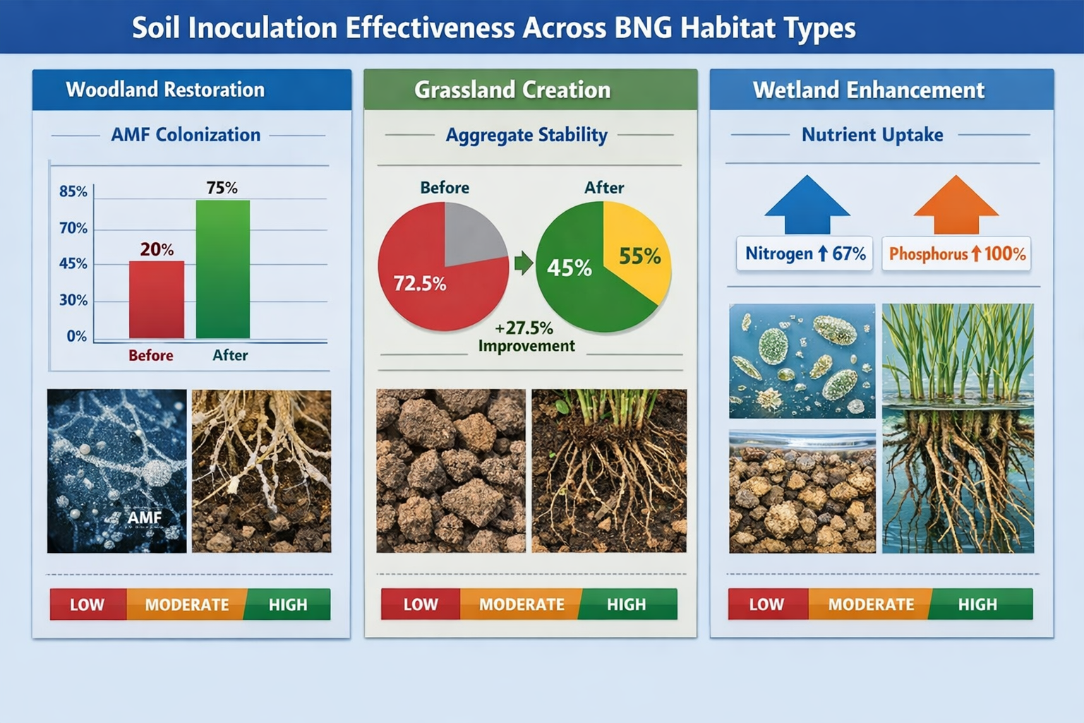 () comprehensive visual comparison chart showing soil inoculation effectiveness metrics across different BNG habitat types.