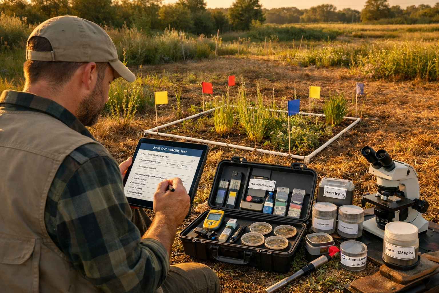 () field surveyor implementing 2026 standardized testing protocol in active BNG restoration site. Foreground shows