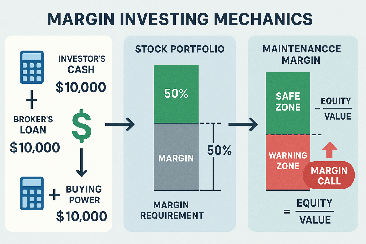 Detailed infographic illustration (1536x1024) showing step-by-step margin investing mechanics with three connected panels: left panel displa