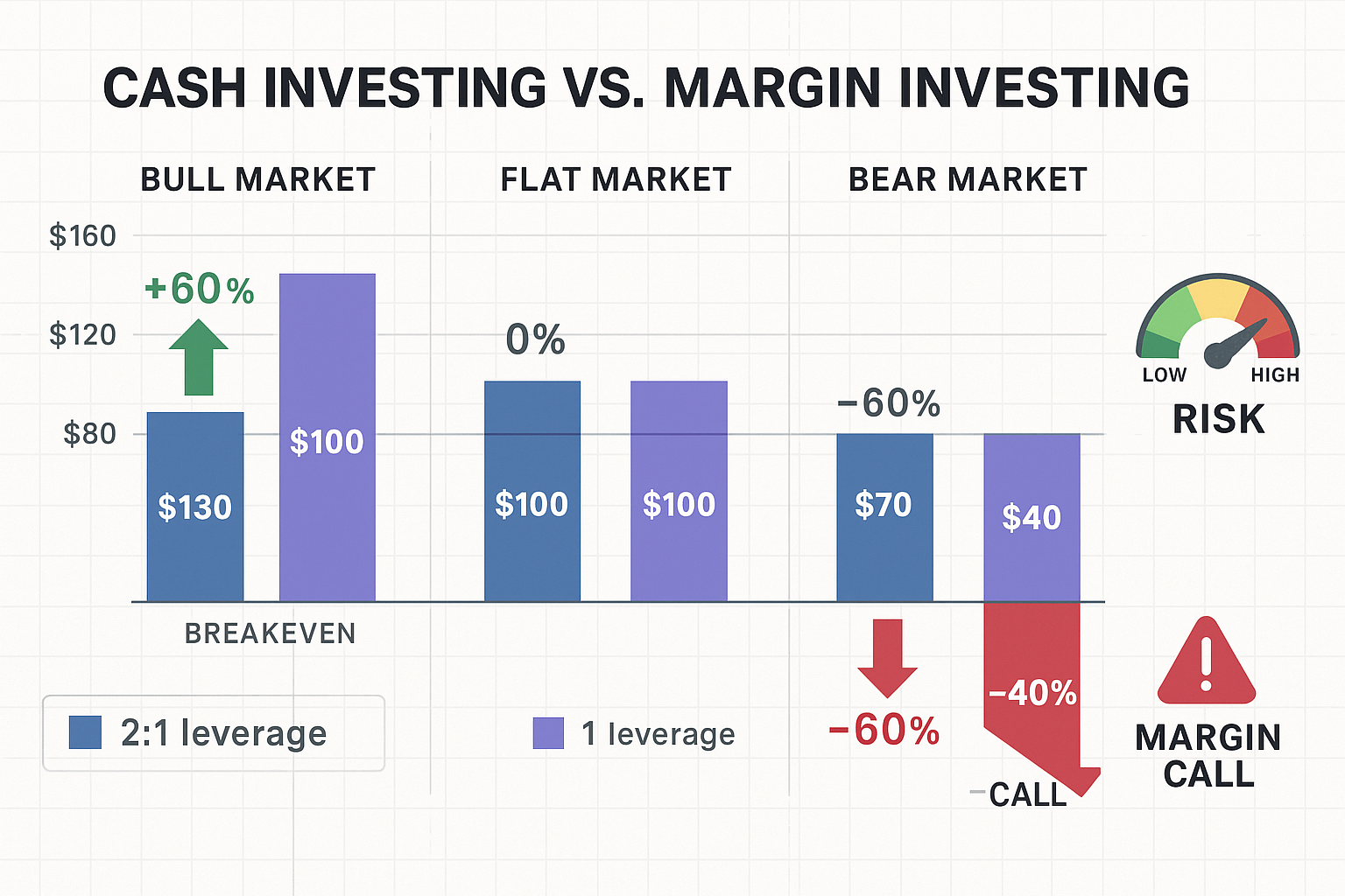 Comprehensive risk visualization chart (1536x1024) comparing traditional cash investing versus margin investing outcomes across three scenar