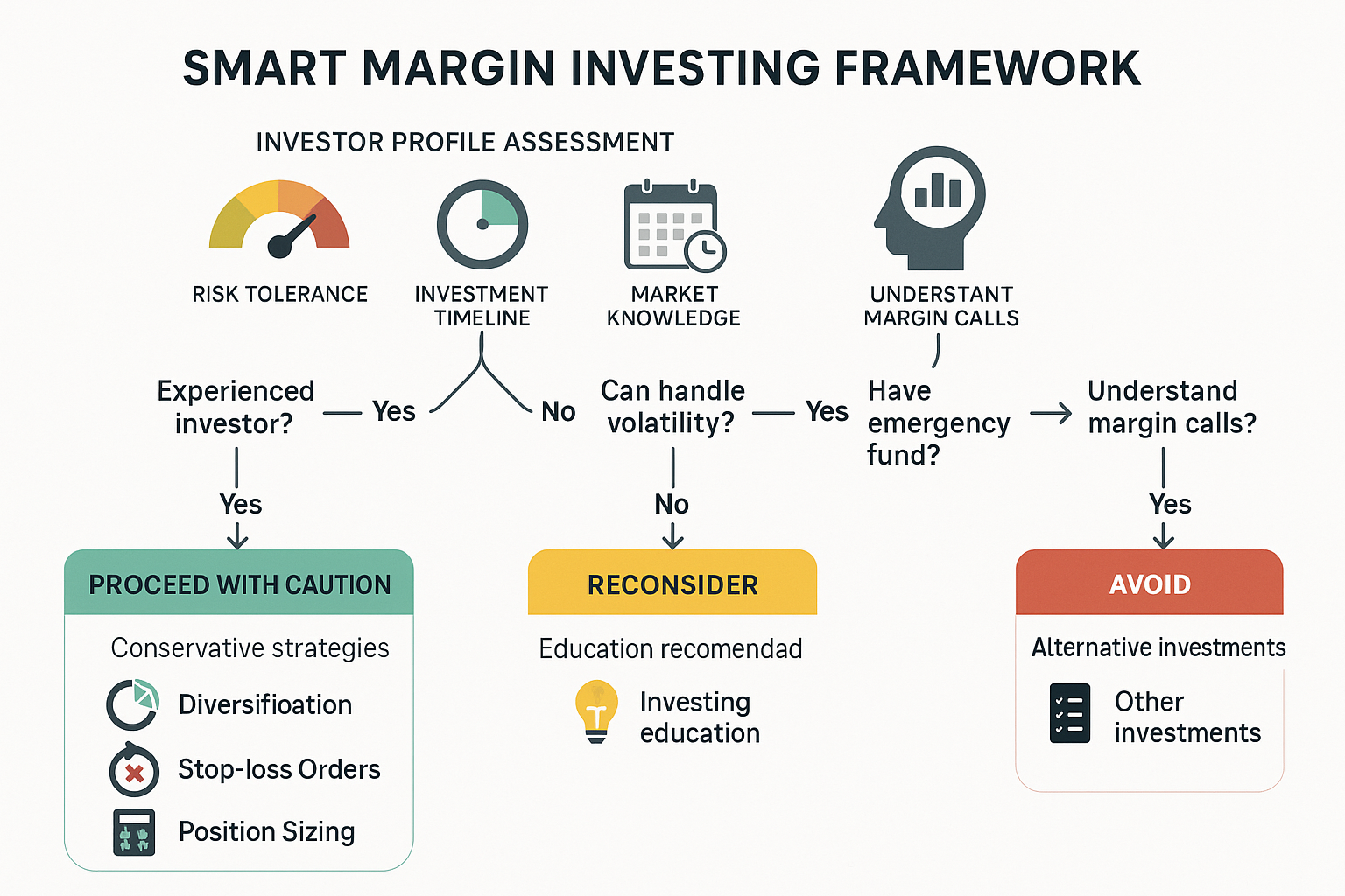 Strategic decision-making flowchart infographic (1536x1024) illustrating smart margin investing framework with decision tree structure. Top 