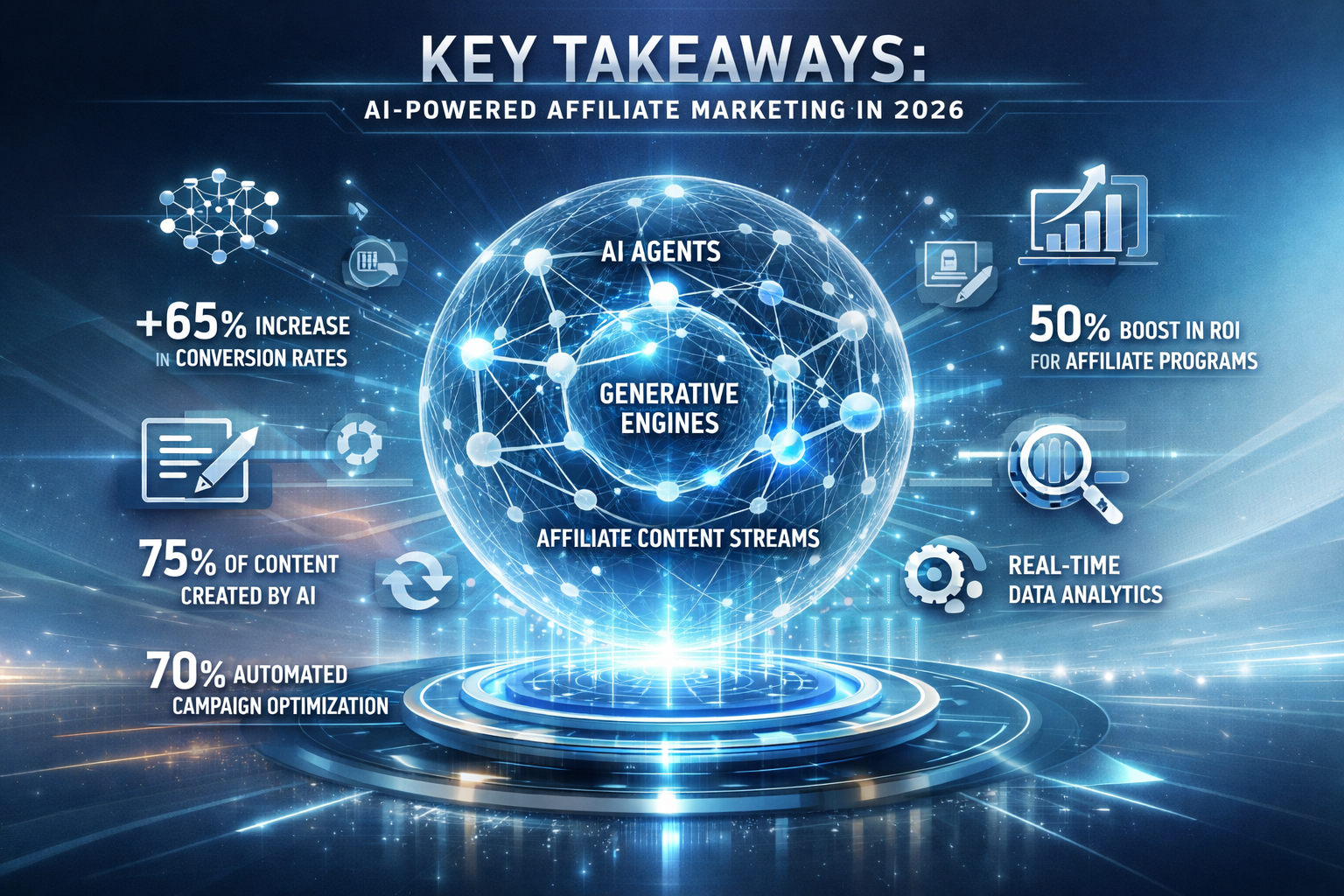 Futuristic infographic for 'Key Takeaways' section depicting AI-powered affiliate marketing landscape in 2026. Central holographic display s