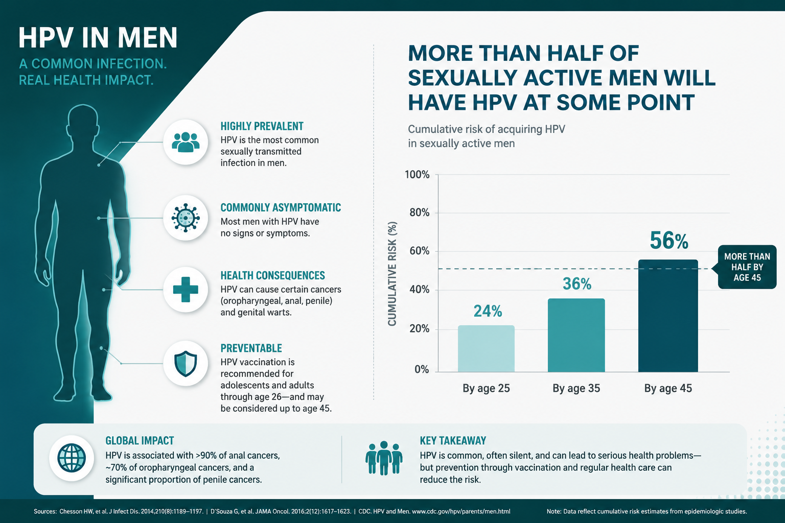 () clinical infographic-style image illustrating HPV prevalence in men. Features a clean bar chart showing that more than