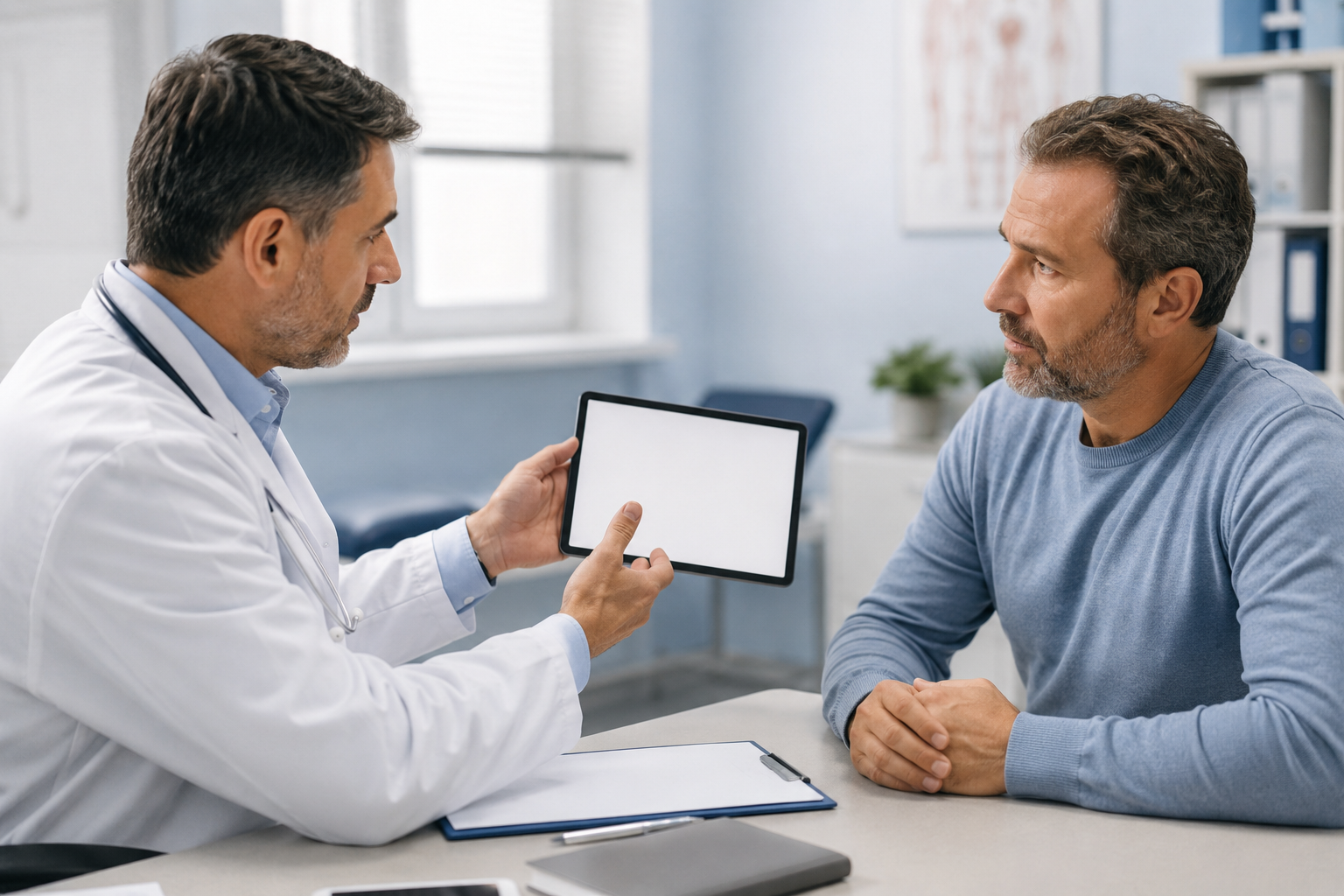 () showing a calm doctor-patient consultation scene from a side angle. Male doctor in white coat gestures toward a blank