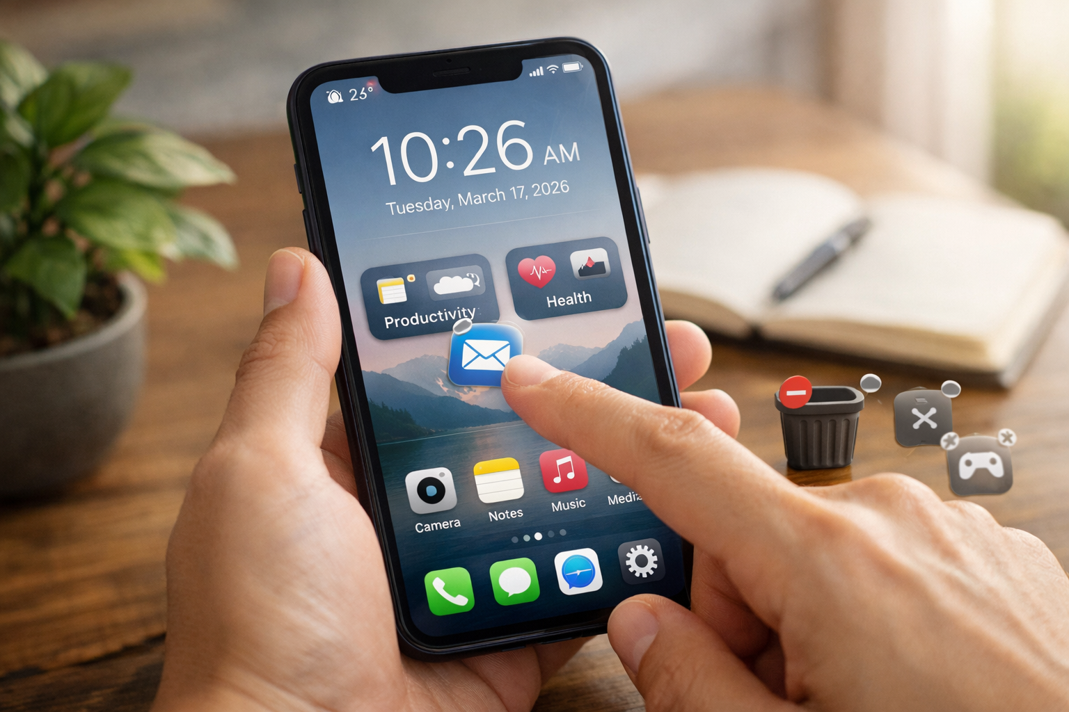 7 Essential Strategies to Beat Digital Addiction in 2026 2 A detailed landscape format (1536x1024) image illustrating a person thoughtfully organizing their smartphone home screen, dragging app icons