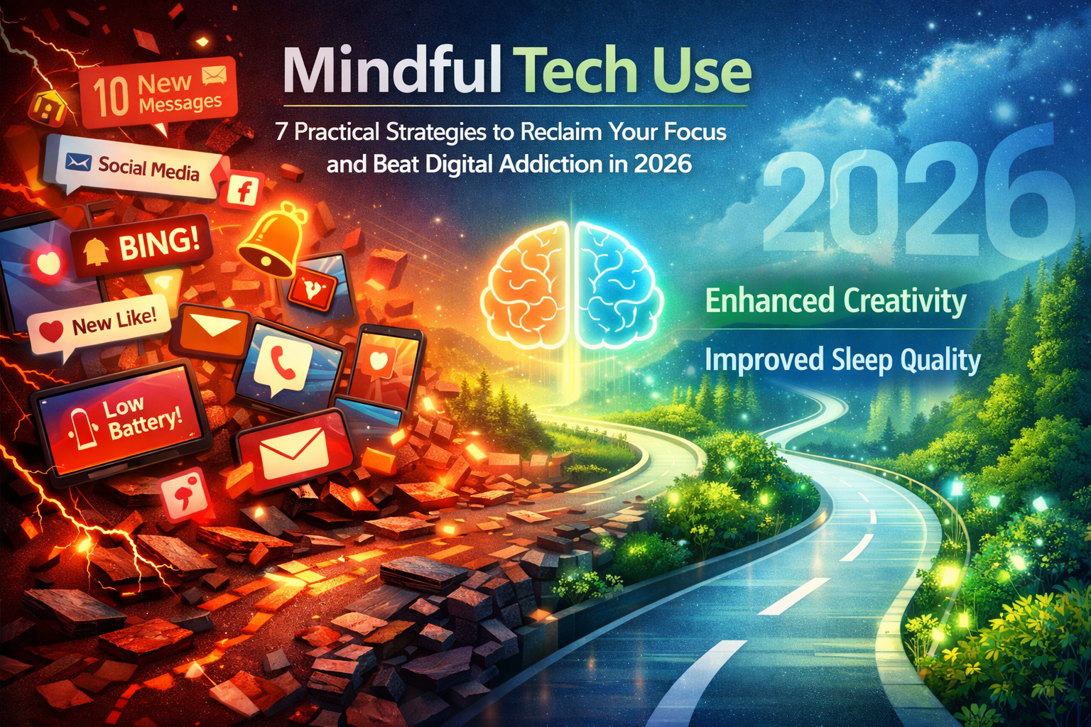 7 Essential Strategies to Beat Digital Addiction in 2026 3 A landscape format (1536x1024) conceptual illustration depicting the brain's focus pathways being strengthened through mindful tech practice