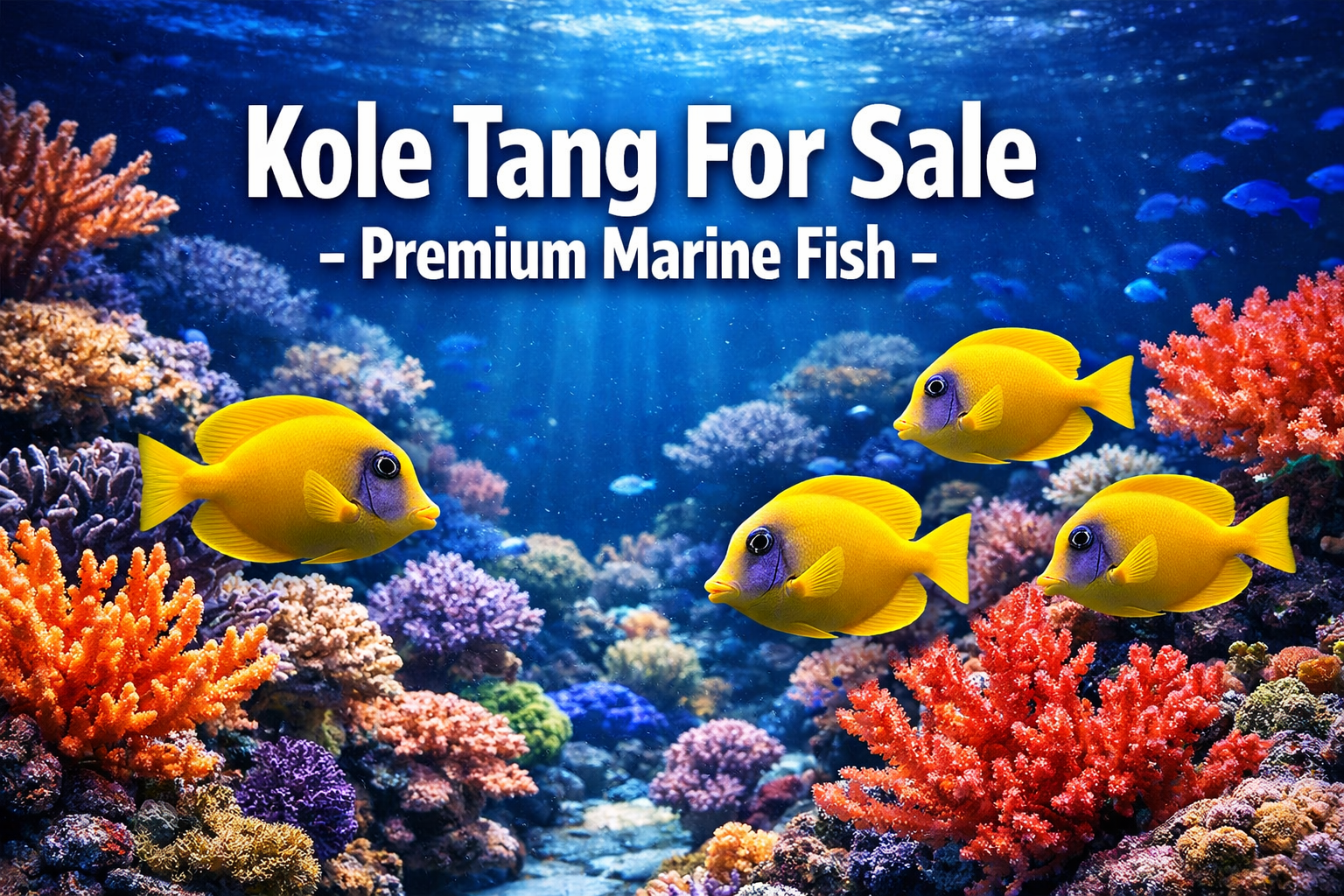 Professional landscape hero image (1536x1024) featuring bold text overlay 'Kole Tang For Sale - Premium Marine Fish' in extra large 70pt whi
